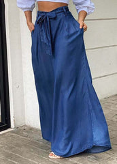 Italian Blue Tie Waist Oversized Denim Wide Leg Pants Trousers