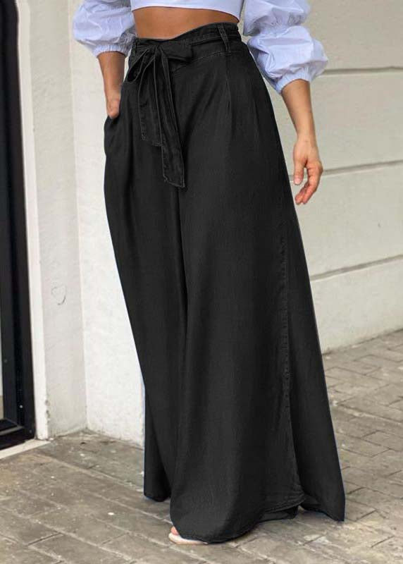 Italian Blue Tie Waist Oversized Denim Wide Leg Pants Trousers