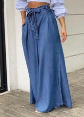 Italian Blue Tie Waist Oversized Denim Wide Leg Pants Trousers