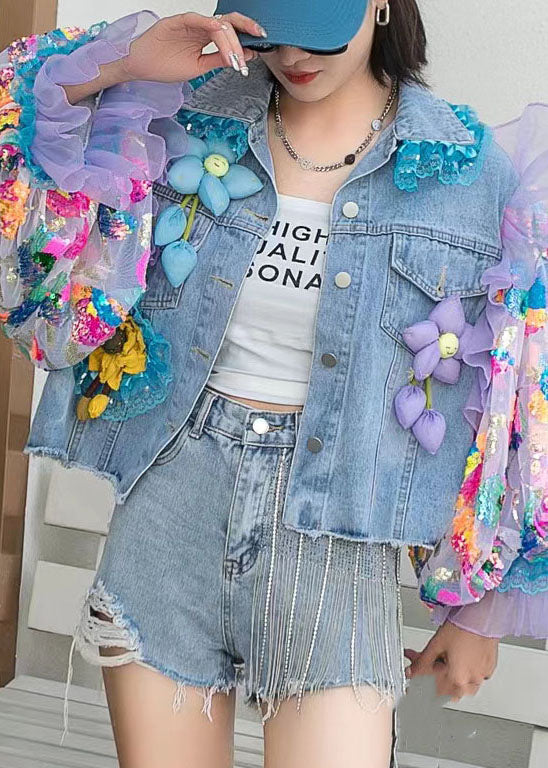 Italienischer blauer Tüll-Pailletten-Patchwork-Jeansmantel mit Blumendekor