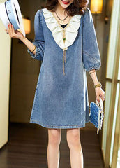 Italian Blue V Neck Ruffled Patchwork Denim Dress Bracelet Sleeve