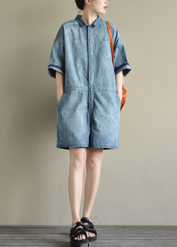 Italian Denim Blue Button Peter Pan Collar Pocket Cotton Jumpsuits