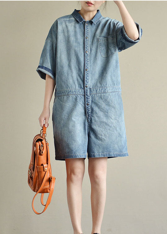 Italian Denim Blue Button Peter Pan Collar Pocket Cotton Jumpsuits