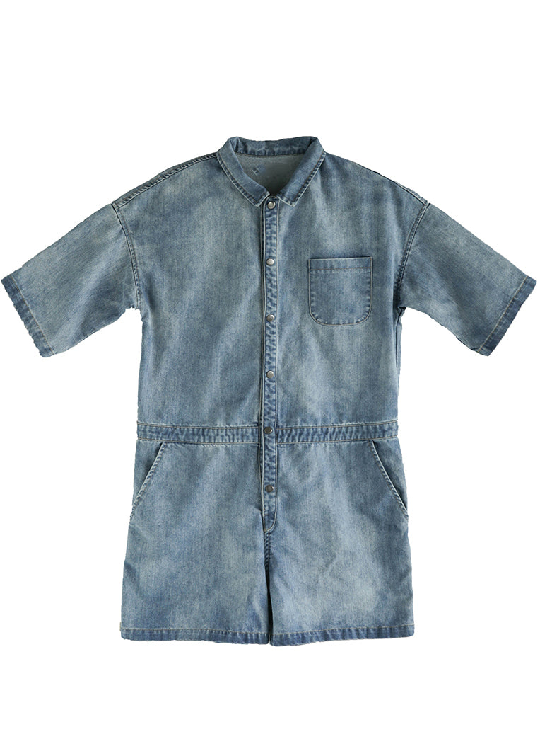 Italian Denim Blue Button Peter Pan Collar Pocket Cotton Jumpsuits