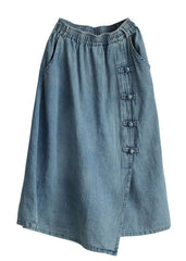 Italian Denim Blue Elastic Waist Asymmetrical Oriental Button Cotton Skirt