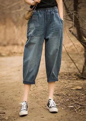 Italian Denim Blue Elastic Waist Asymmetrical Pockets Cotton Crop Pants