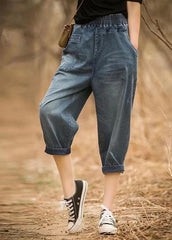 Italian Denim Blue Elastic Waist Asymmetrical Pockets Cotton Crop Pants