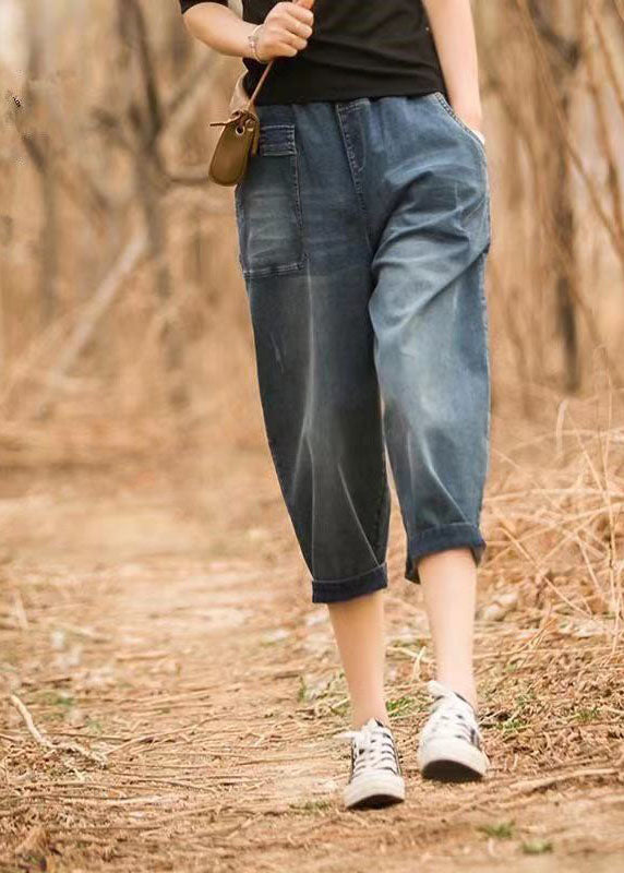 Pantalones cortos de algodón con bolsillos asimétricos, cintura elástica y denim azul italiano