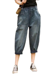 Italian Denim Blue Elastic Waist Asymmetrical Pockets Cotton Crop Pants