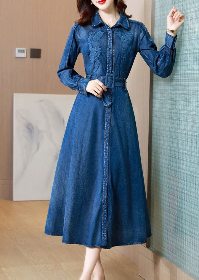 Italian Denim Blue Embroideried Exra Large Hem Cotton Cinched Dress