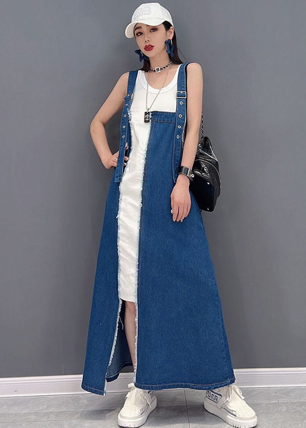 Italian Denim Blue Patchwork Cotton Fake Two Piece Strap Dresses