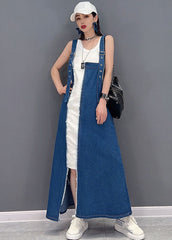 Italian Denim Blue Patchwork Cotton Fake Two Piece Strap Dresses