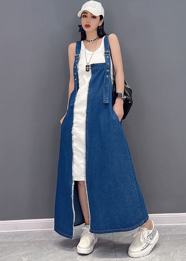 Italian Denim Blue Patchwork Cotton Fake Two Piece Strap Dresses