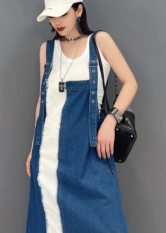 Italian Denim Blue Patchwork Cotton Fake Two Piece Strap Dresses