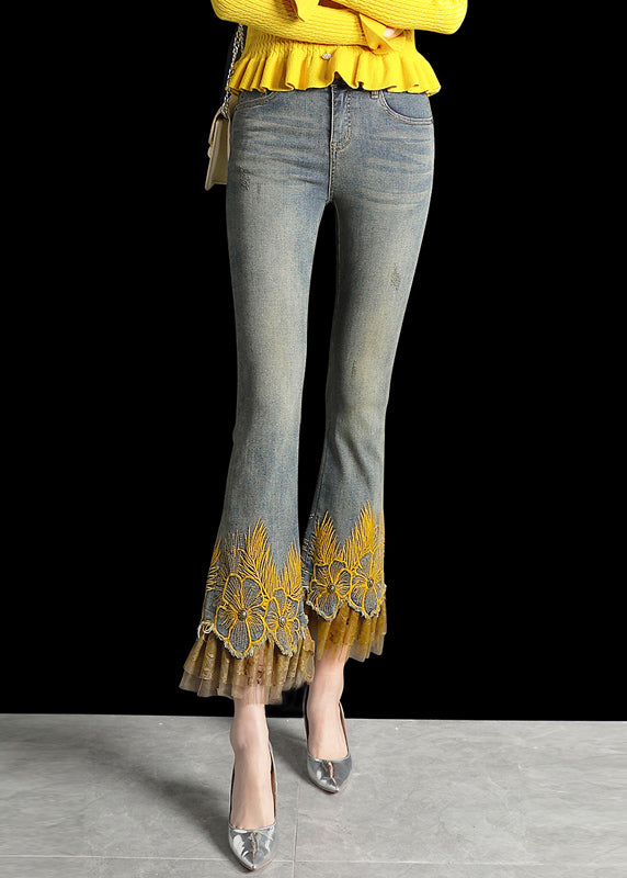 Italian Denim Blue Wraped High Waist Embroideried Pockets Patchwork Tulle Cotton Flare Pants