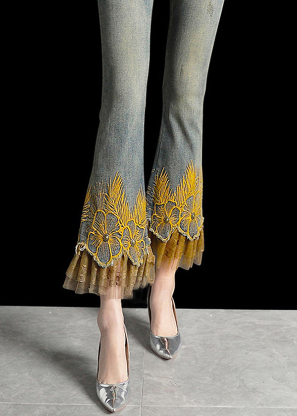 Italian Denim Blue Wraped High Waist Embroideried Pockets Patchwork Tulle Cotton Flare Pants