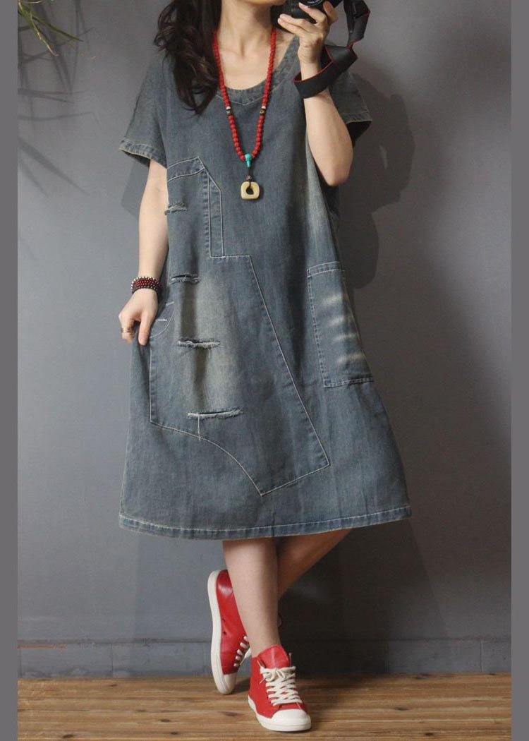 Vestido largo asimétrico de algodón con agujeros en denim italiano