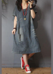 Italian Denim Hole Cotton asymmetrical design Long Dress