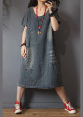 Vestido largo asimétrico de algodón con agujeros en denim italiano