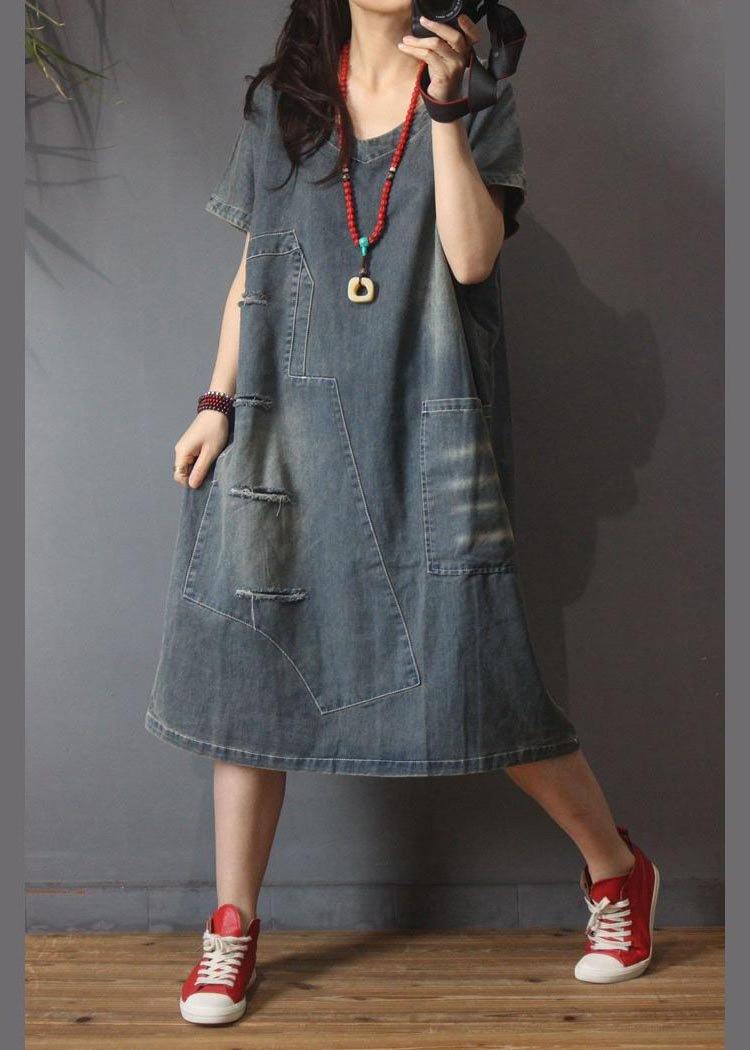 Vestido largo asimétrico de algodón con agujeros en denim italiano