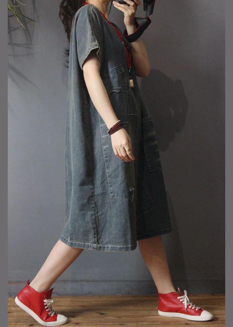 Vestido largo asimétrico de algodón con agujeros en denim italiano