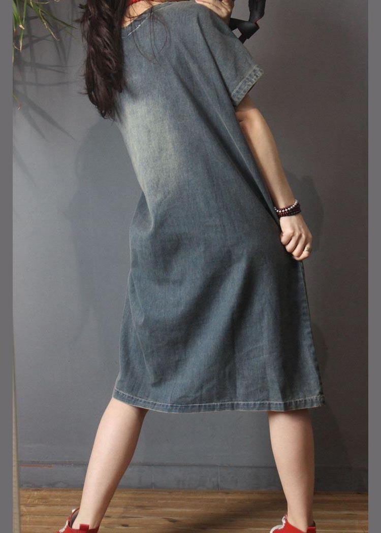 Vestido largo asimétrico de algodón con agujeros en denim italiano