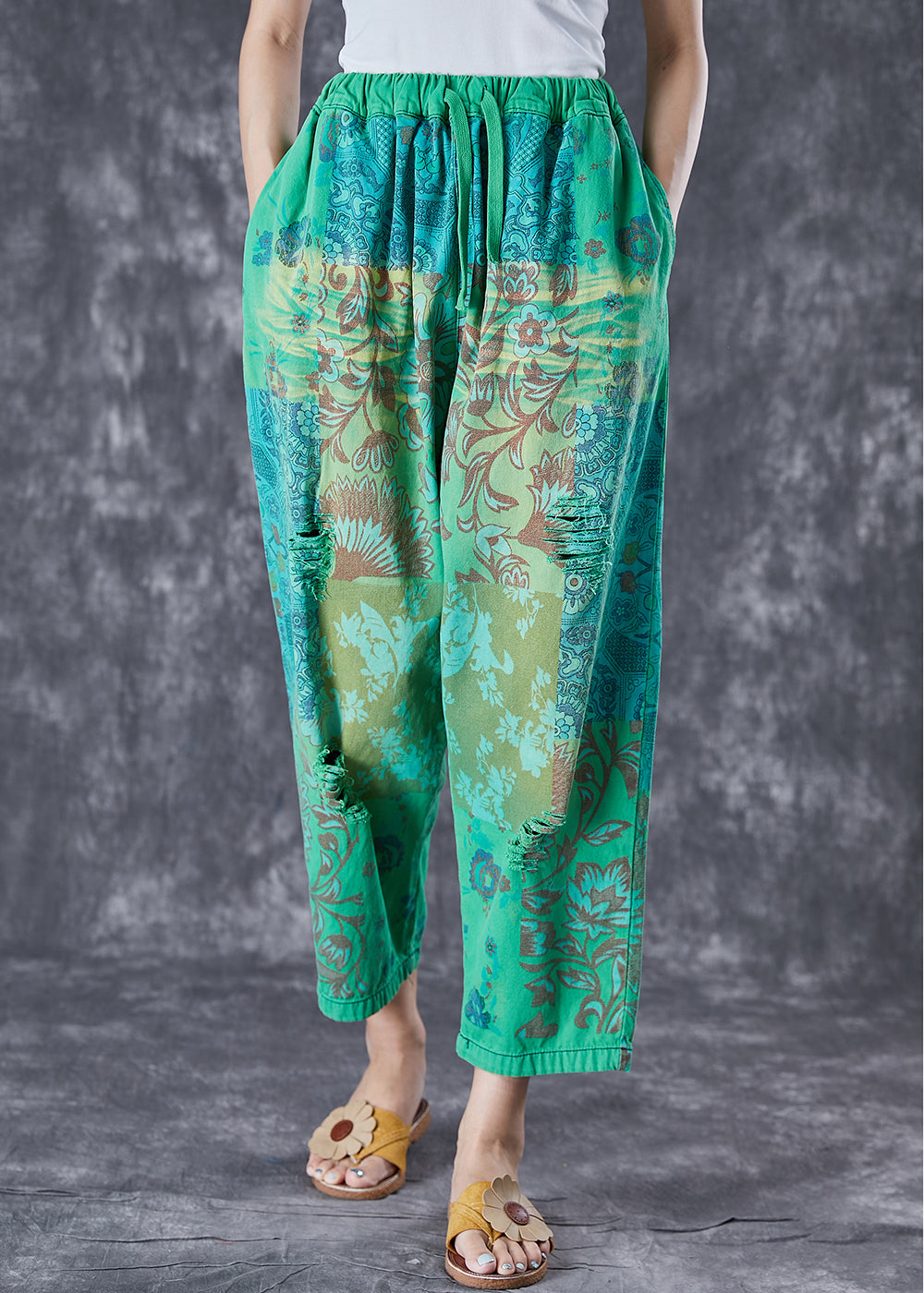 Italian Green Elastic Waist Print Denim Harem Pants Ripped Jeans