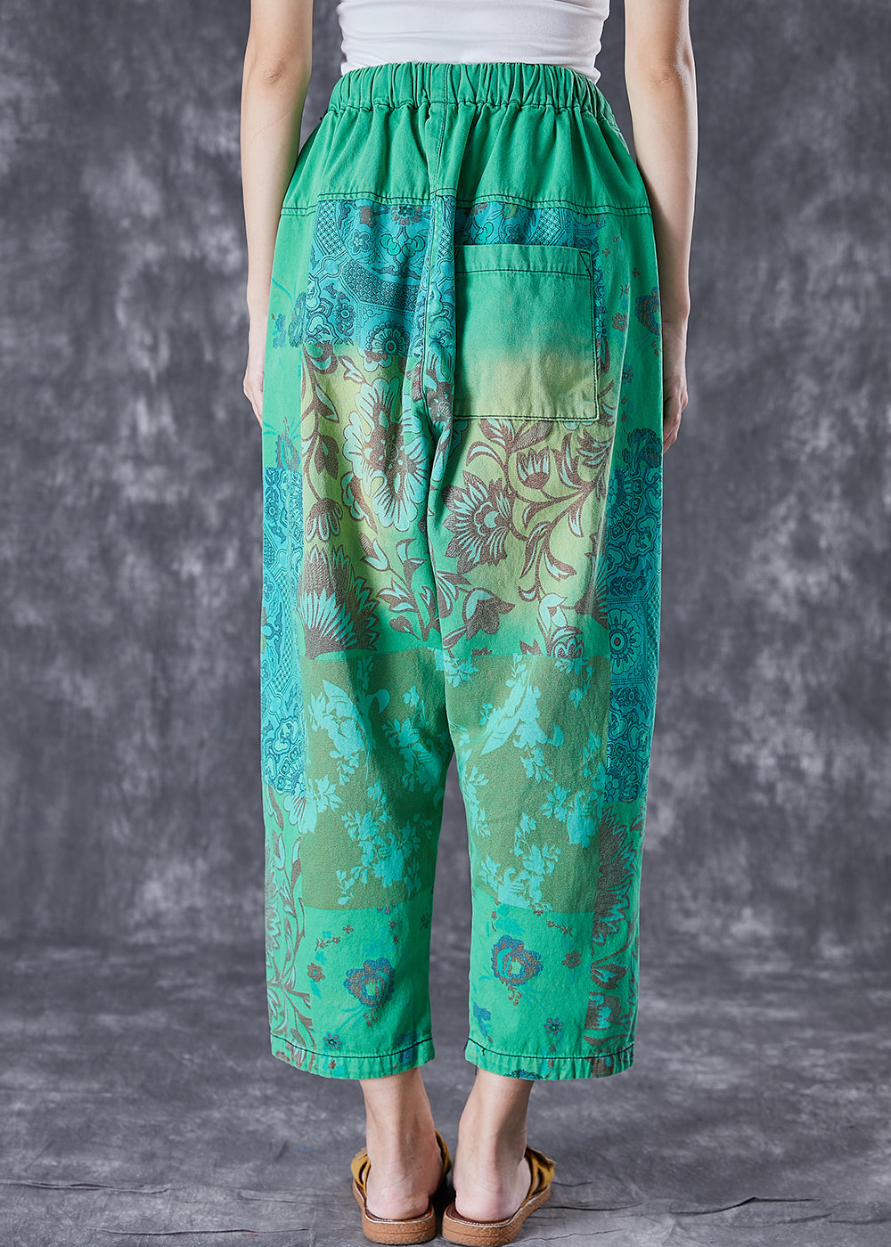 Italian Green Elastic Waist Print Denim Harem Pants Ripped Jeans