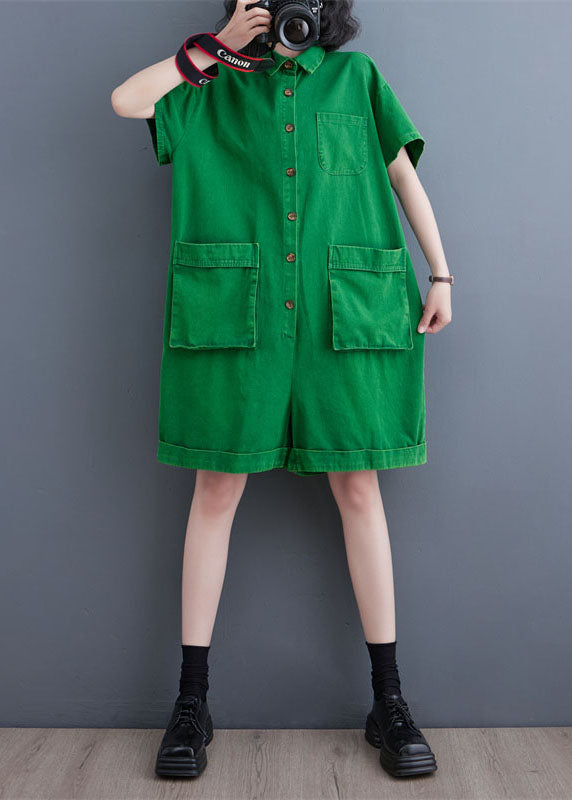 Italian Green Pockets Patchwork Denim Shorts Jumpsuits