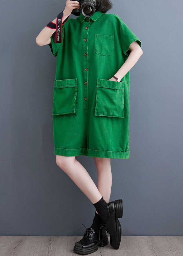 Italian Green Pockets Patchwork Denim Shorts Jumpsuits