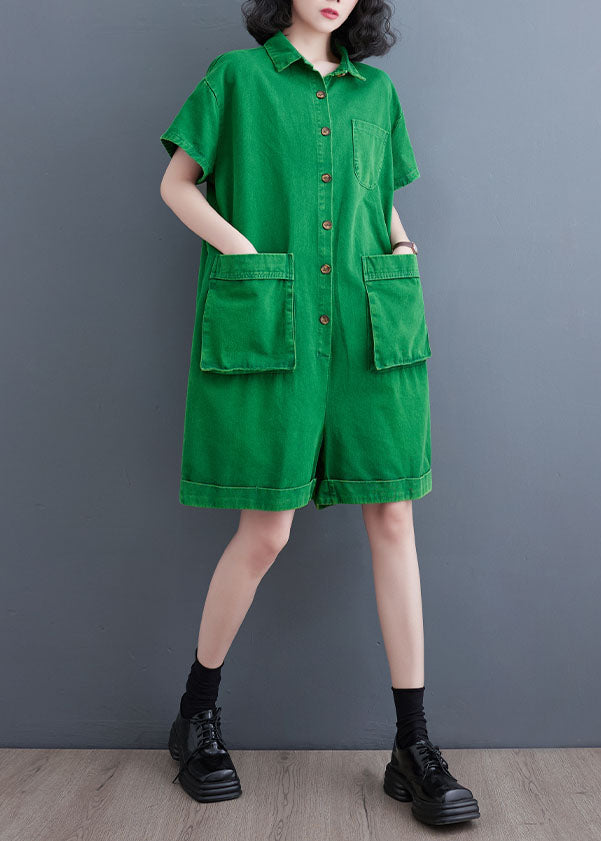 Italian Green Pockets Patchwork Denim Shorts Jumpsuits