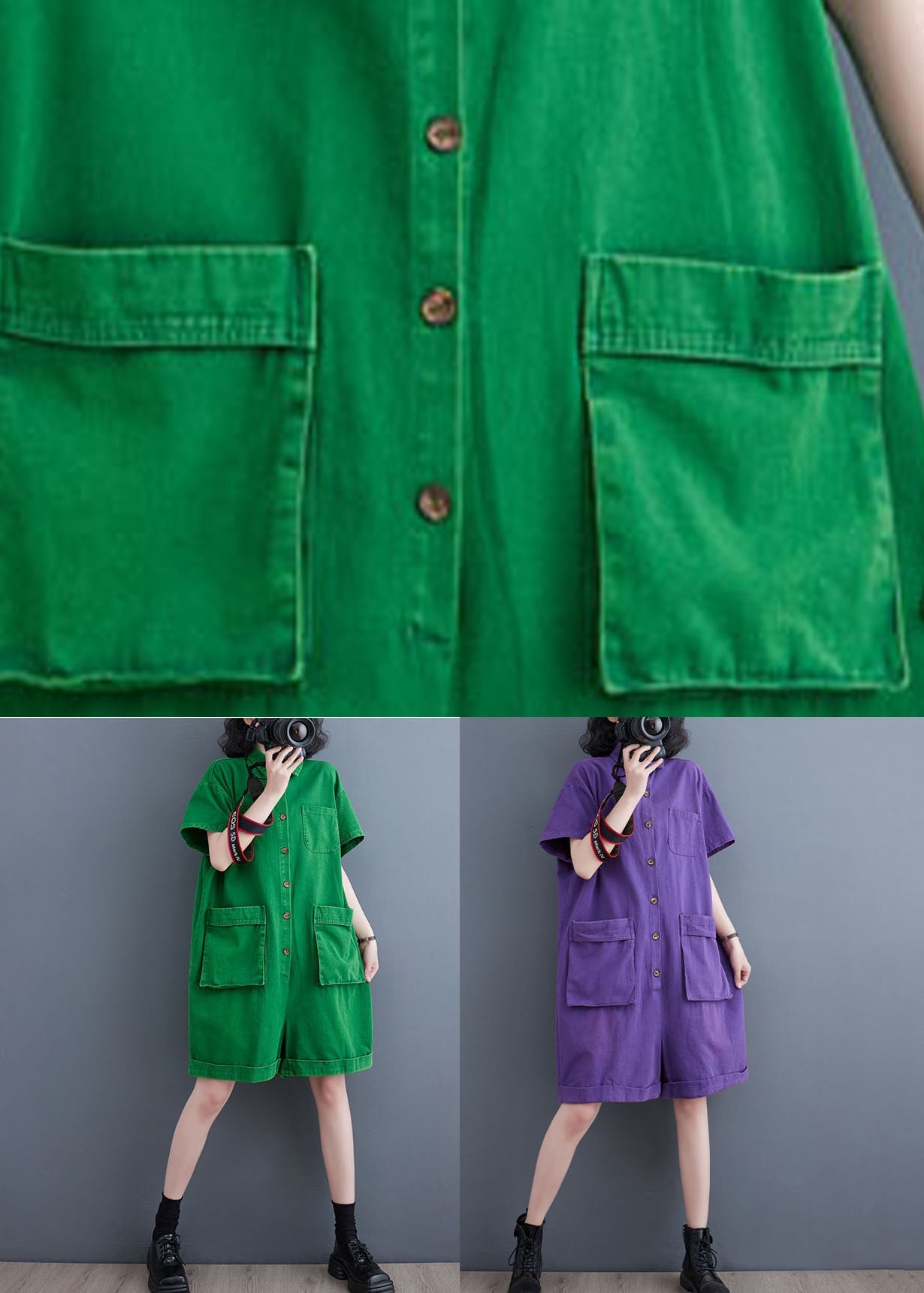 Italian Green Pockets Patchwork Denim Shorts Jumpsuits