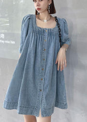 Italian Light Blue Square Collar Button Denim Mini Dress