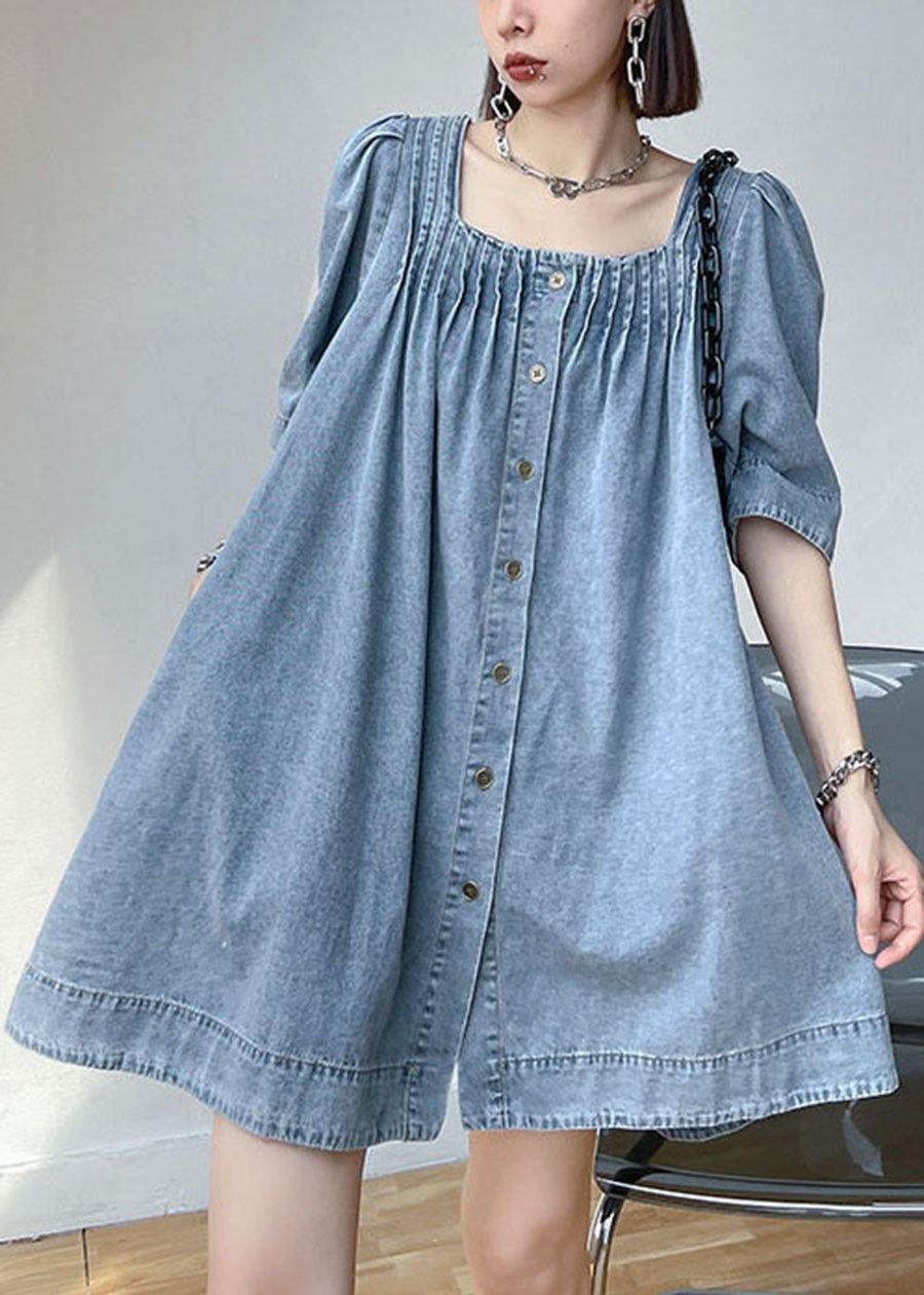 Italian Light Blue Square Collar Button Denim Mini Dress