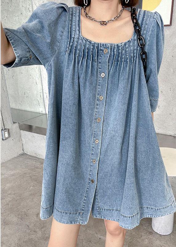 Italian Light Blue Square Collar Button Denim Mini Dress