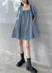 Italian Light Blue Square Collar Button Denim Mini Dress