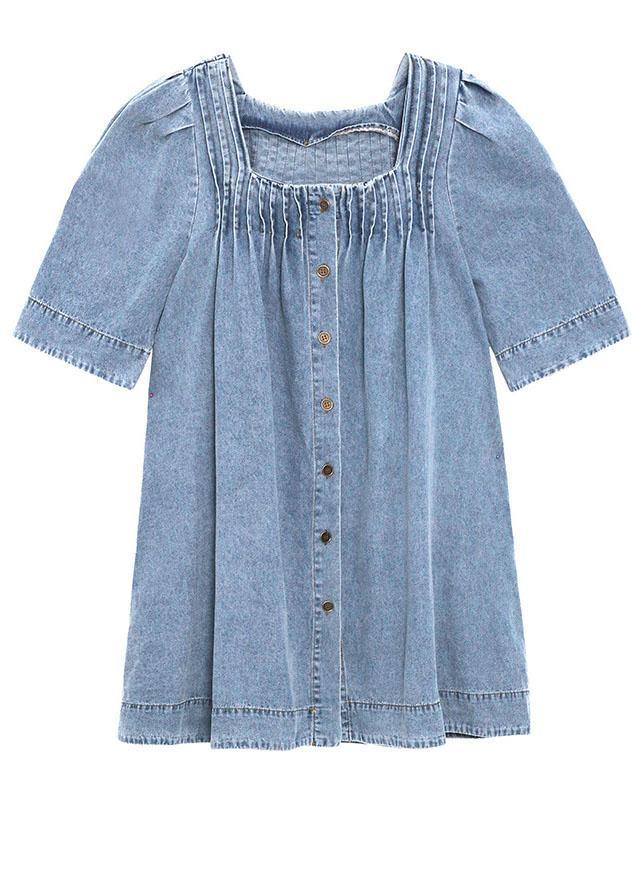 Italian Light Blue Square Collar Button Denim Mini Dress