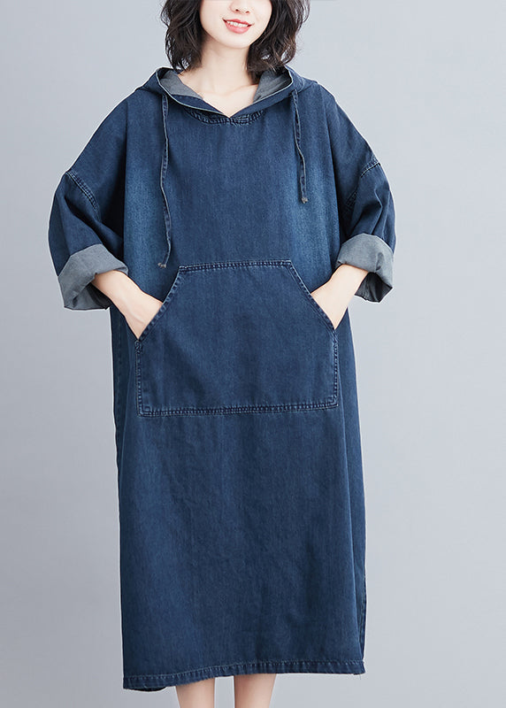 Italian Navy Hooded Oversized Denim Sweatshirt Dress