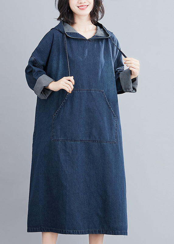 Italian Navy Hooded Oversized Denim Sweatshirt Dress