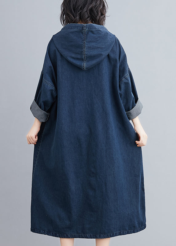 Italian Navy Hooded Oversized Denim Sweatshirt Dress