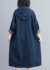Italian Navy Hooded Oversized Denim Sweatshirt Dress