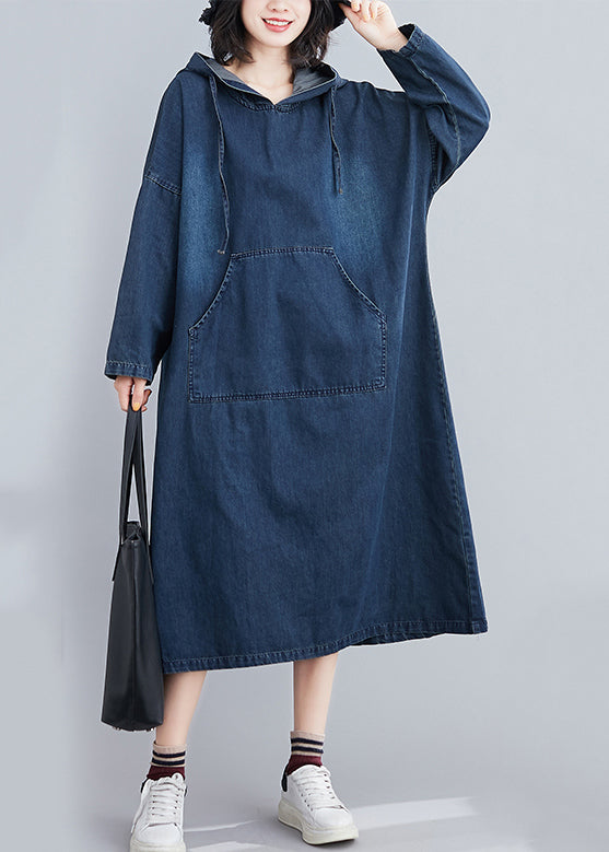 Italian Navy Hooded Oversized Denim Sweatshirt Dress