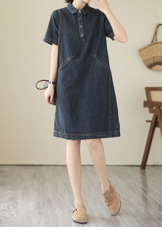 Italian Navy Peter Pan Collar Pockets Patchwork Denim Shirts Dress