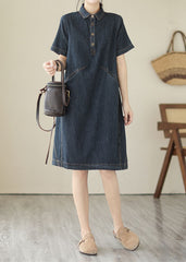 Italian Navy Peter Pan Collar Pockets Patchwork Denim Shirts Dress