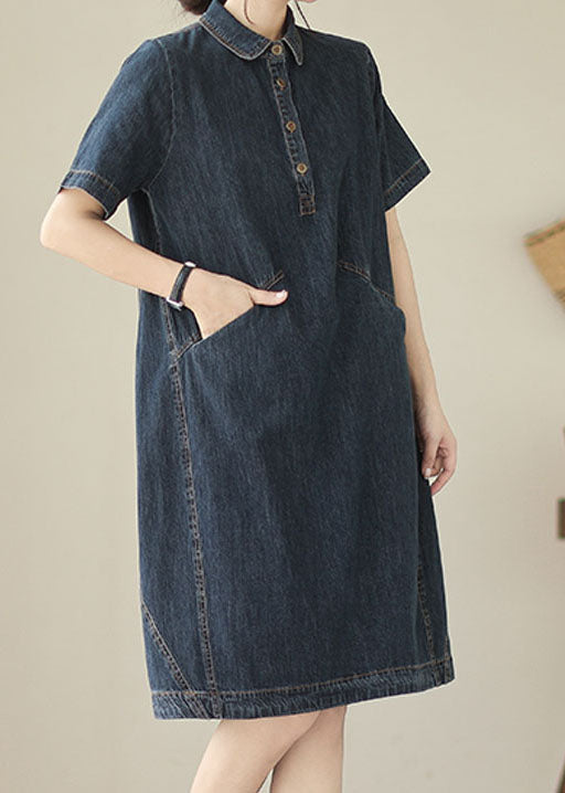 Italian Navy Peter Pan Collar Pockets Patchwork Denim Shirts Dress