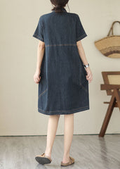 Italian Navy Peter Pan Collar Pockets Patchwork Denim Shirts Dress