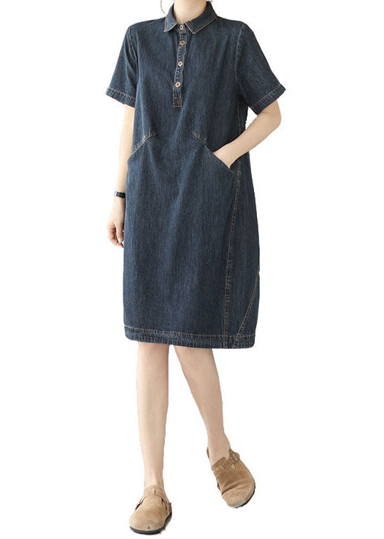 Italian Navy Peter Pan Collar Pockets Patchwork Denim Shirts Dress