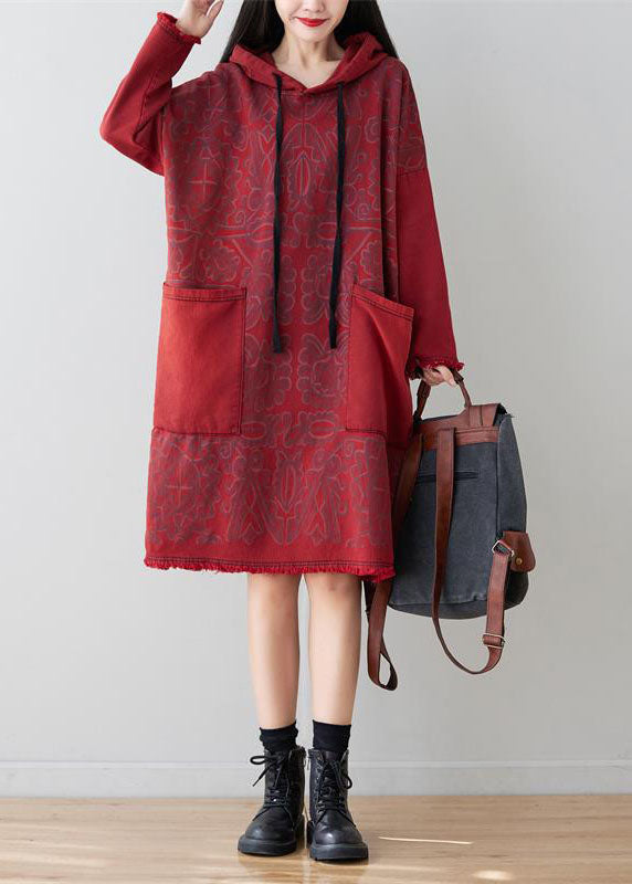 Italian Red Hooded Patchwork Denim Mid Dress