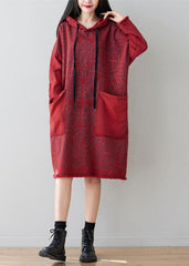 Italian Red Hooded Patchwork Denim Mid Dress