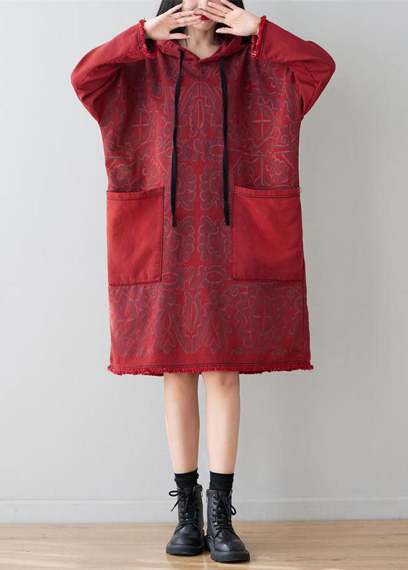 Italian Red Hooded Patchwork Denim Mid Dress